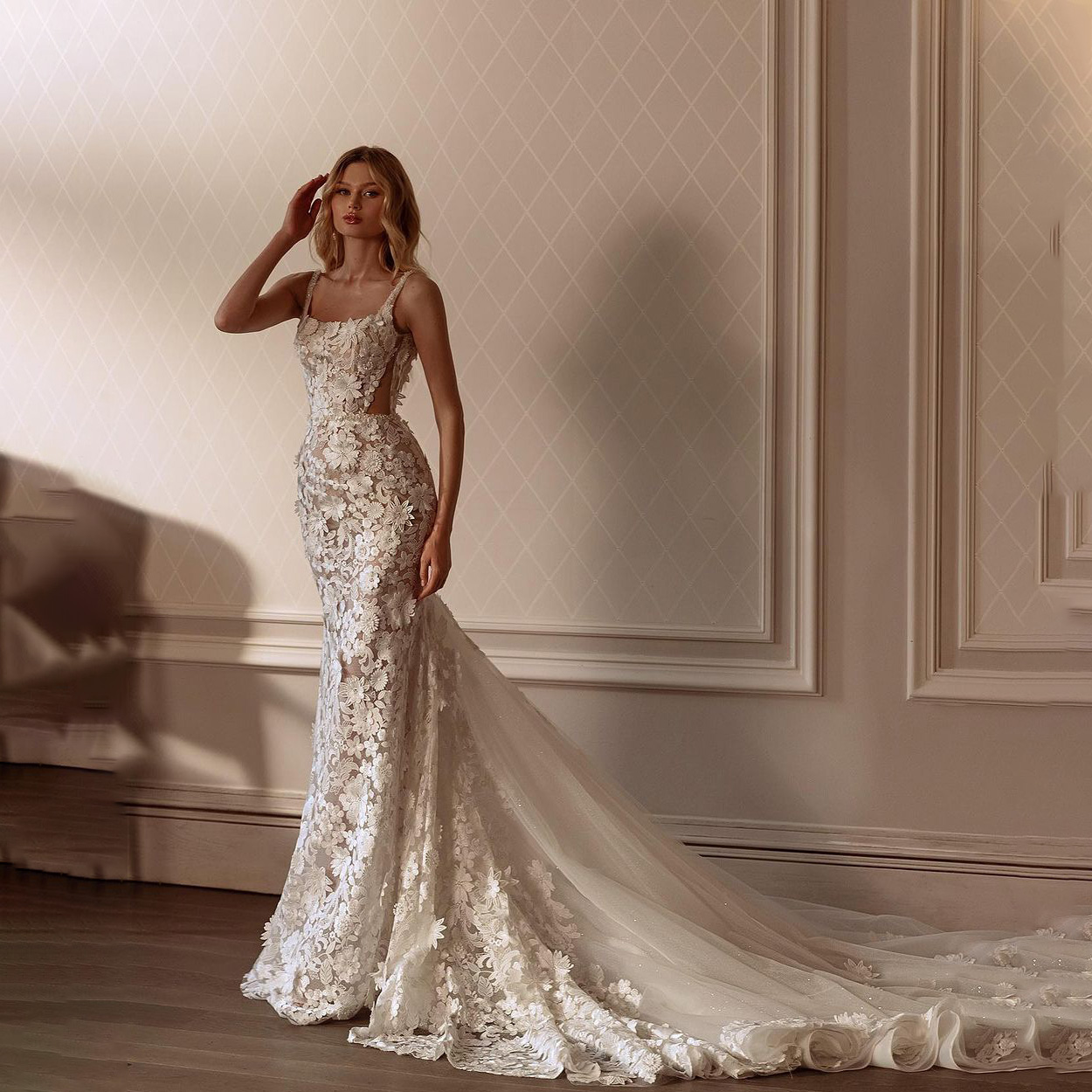 Mermaid Wedding Dress Sexy 3D-Flowers New Backless Square Collar Bridal Gowns Sweep Train Robe Vestido De Noiva Custom Size D-H23289