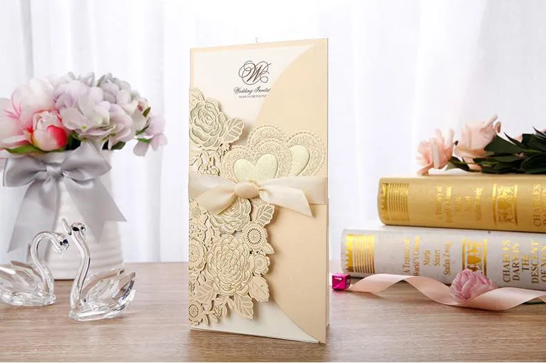 Wedding Invitations Laser Cut Wedding Invitations Card With Flower Ribbon Hollow PersonalizedZZ