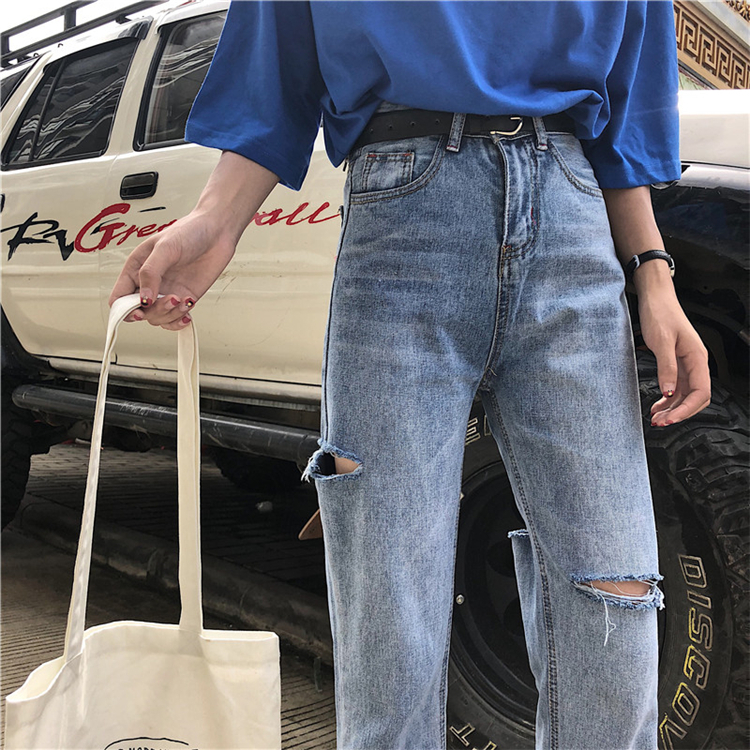 Women's Jeans N4897 Daddy Pants Ripped Denim Ninth High Waist Loose Straight Pant's 230821
