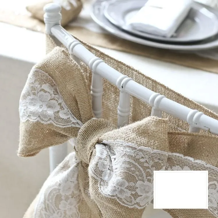 Lace Bowknot Burlap Chair Sashes Natural Hessian Jute Linen Rustic Chair Cover Tie Bowknot for Wedding Decor DIY CraftsZZ