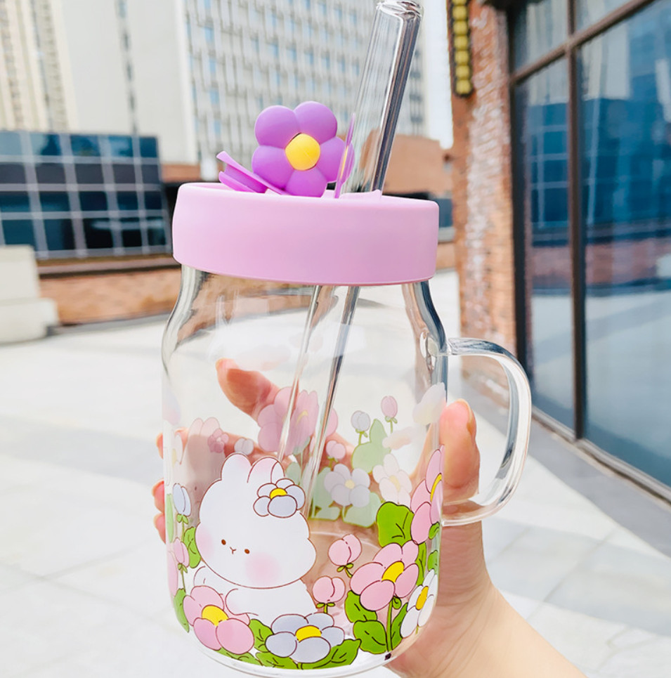 The latest 26oz flower and rabbit glass straw coffee mug, many style choices, support customization of any logo