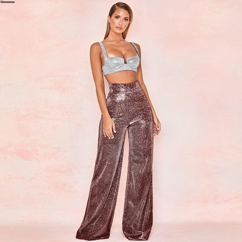 Women's Pants Shiny Sequin Sparkle Wide Leg Women Elastic High Waist Palazzo Lounge Casual Loose Bell Bottoms Trousers