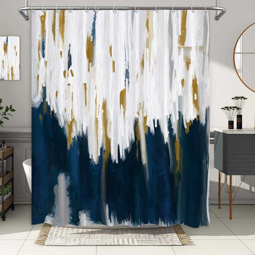 Shower Curtains Abstract Watercolor Blue Shower Curtain Ocean Silver Gray Cold White Modern Art Painting Home Bathroom Decor Waterproof Fabric R230821