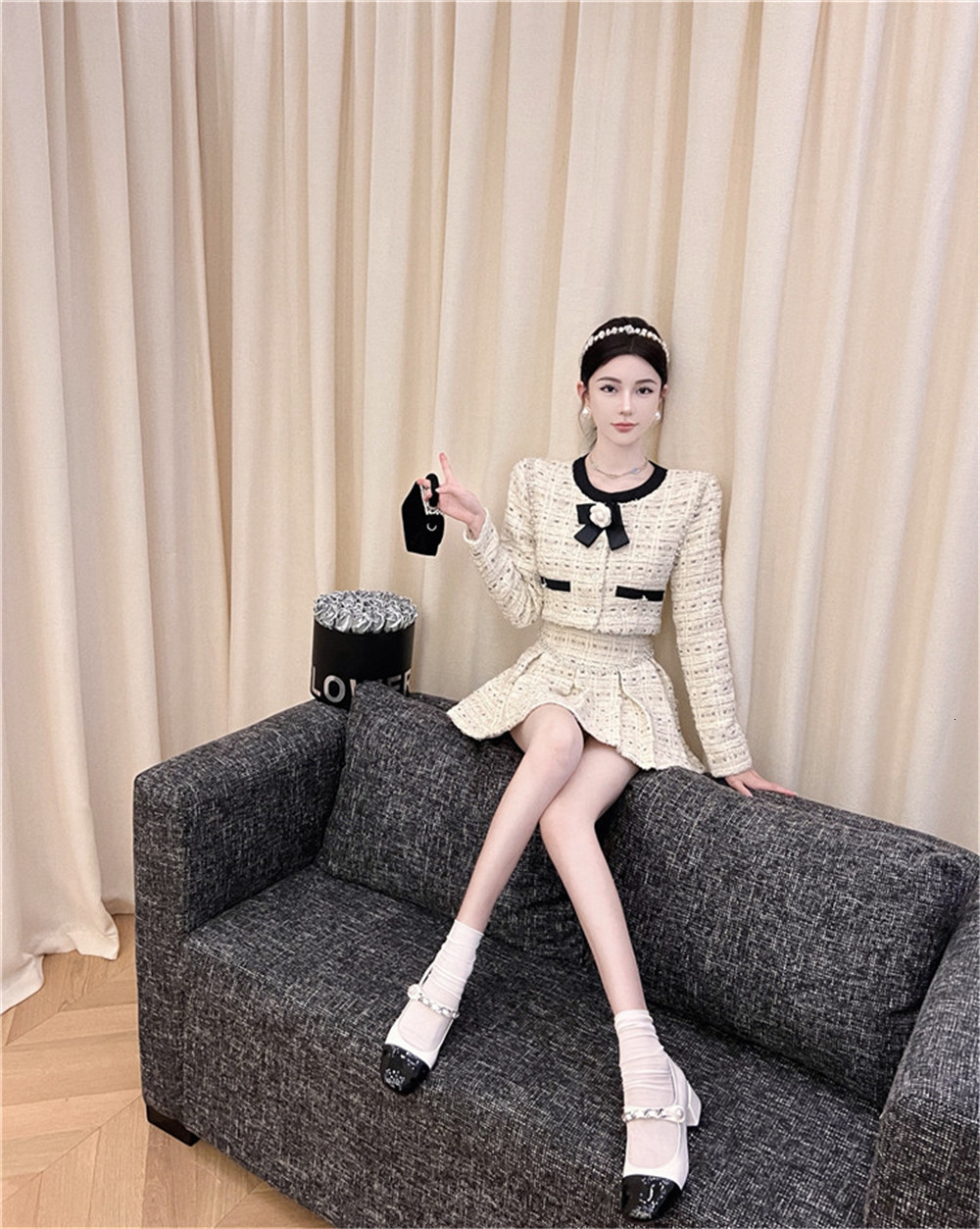 Two Piece Dress 2023 Women Short Bowknot Beading Tweed Woolen Coat and High Waist Pleated Skirts 2pcs Set Female Outfits Pieces Suits 230818