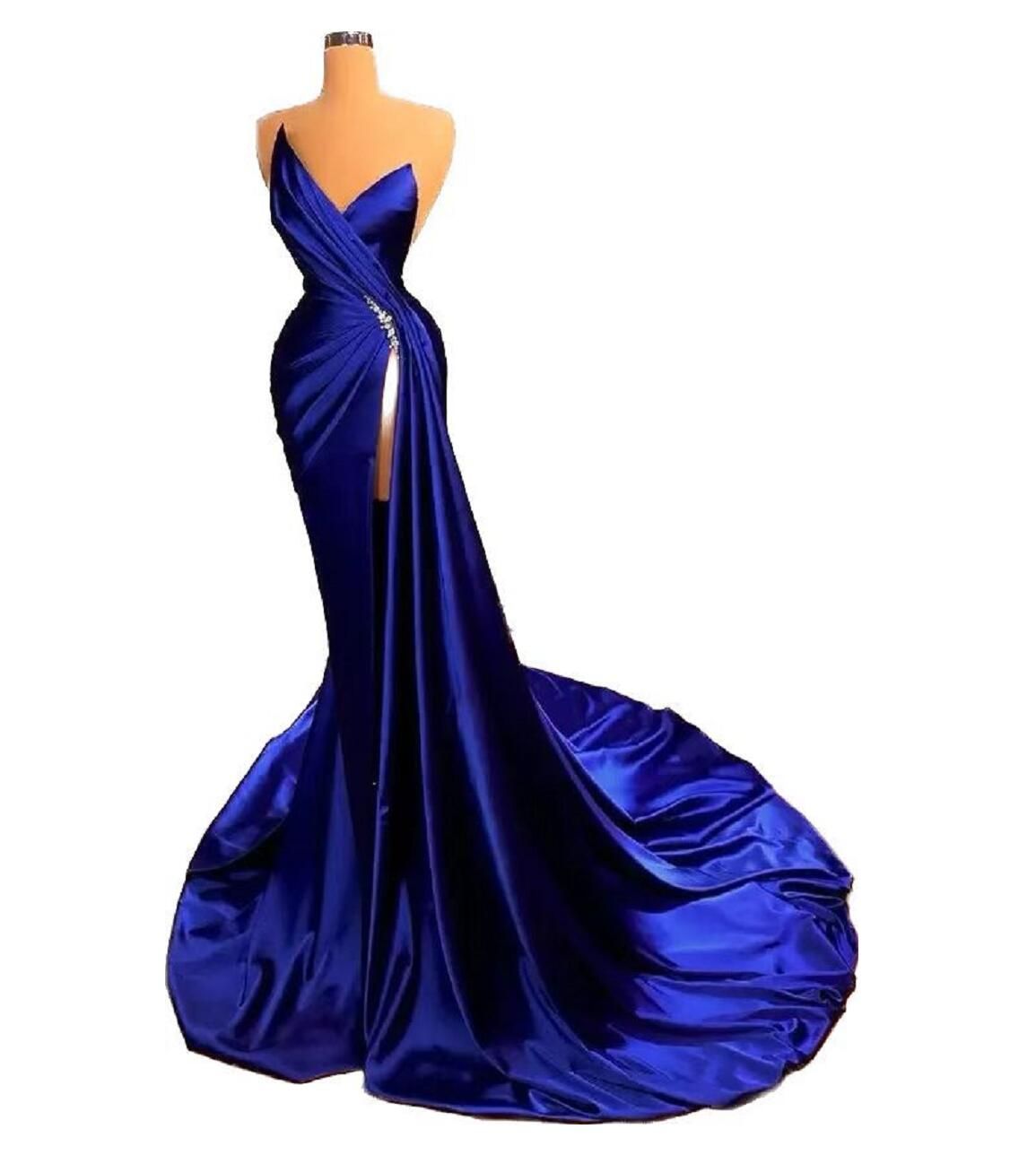 2023 Simple Prom Dresses Royal Blue Sexy Sweetheart Crystal Beads Sleeveless High Side Split Open Back Evening Dress Pageant Party Gowns