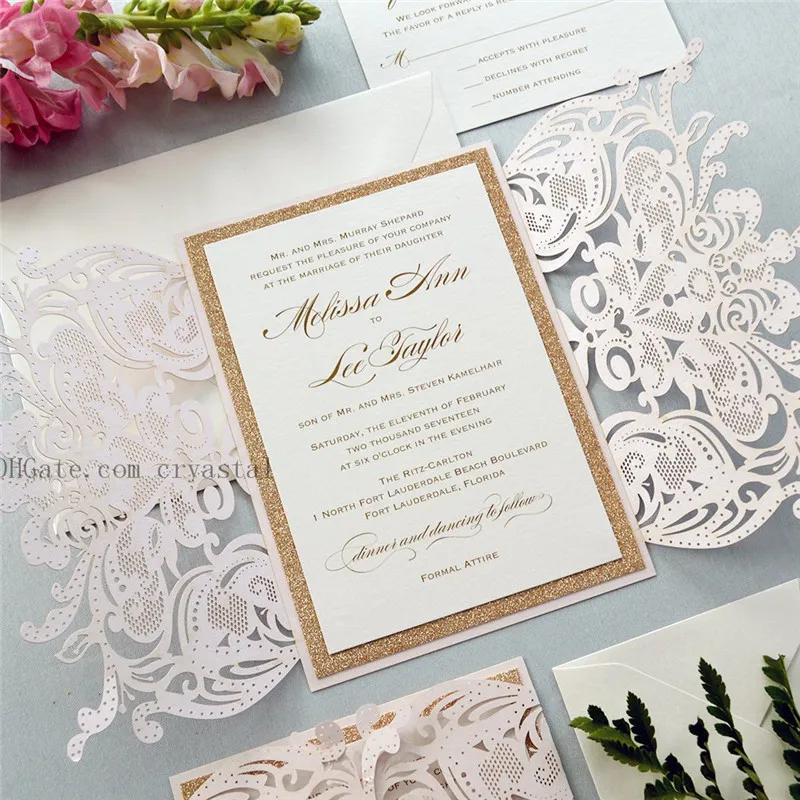 WHITE CHANTILLY LACE Laser Cut Wrap Invitation White Laser Cut Wedding Invitation with Blush Shimmer Insert and Burgundy ZZ