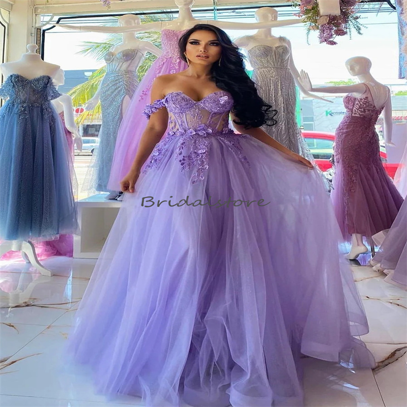 Beautiful Lilac Floral Evening Dress 2023 Elegant Off Shoulders Lace Prom Dress A Line Tulle Formal Birthday Party Gowns Occasion Vestidos De Fiesta R