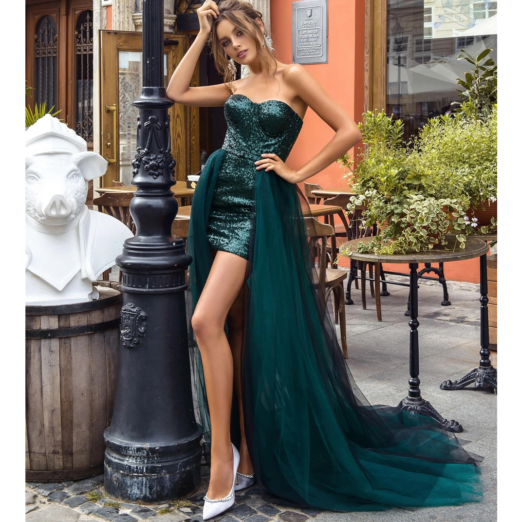 Sexy Sequined Evening Dresses Strapless Formal Party Gowns Plus Size Two Pieces Prom Dress Aso Ebi 6660306