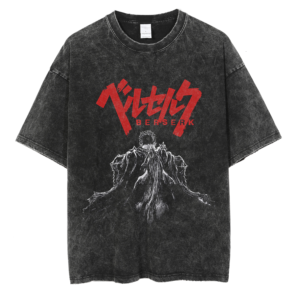 Men's TShirts Anime Berserk Vintage T Shirts Manga Washed Tshirt Pure Cotton Short Sleeve Tees Guts Skull Knight Graphic Print TShirt Hip Hop 230
