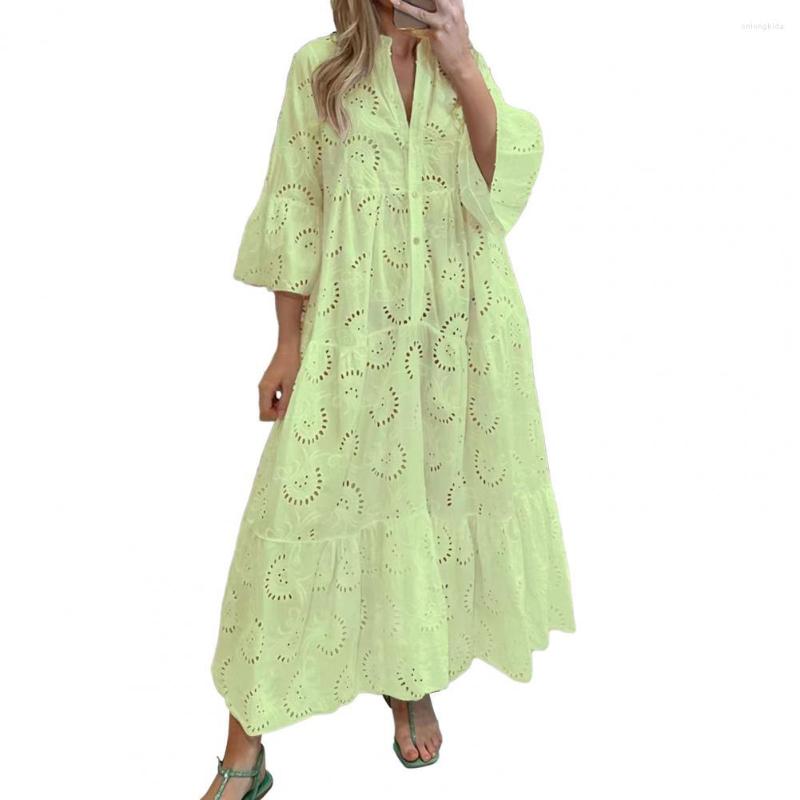 Casual Dresses Women Solid Color Embroidery Lace Maxi Dress Loose V-neck 3/4 Flared Sleeve Sexy Hollow Out Half Placket Ruffle Hem Long