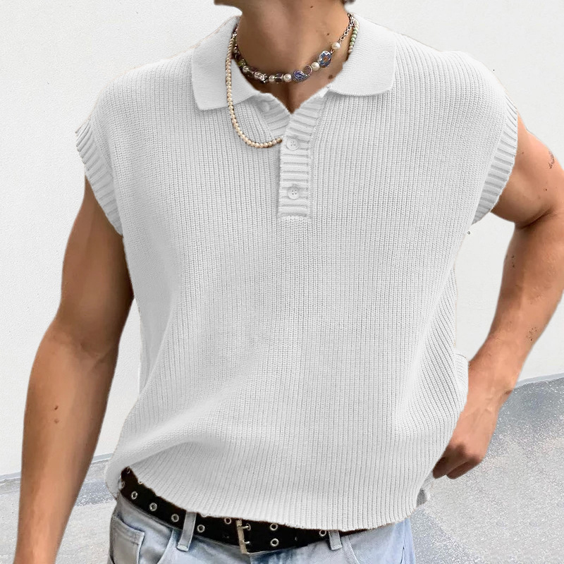 Men's Hoodies Sweatshirts Leisure Solid Knitting Tops Men Sleeveless Buttoned Turn-down Collar Knit Vest Shirts Spring Summer Men's Clothing