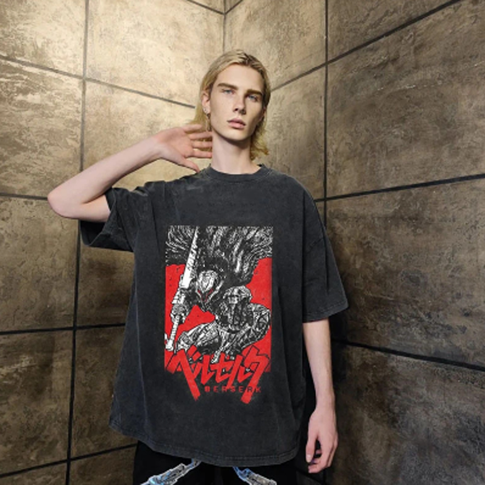 Men's TShirts Anime Berserk Vintage T Shirts Manga Washed Tshirt Pure Cotton Short Sleeve Tees Guts Skull Knight Graphic Print TShirt Hip Hop 230