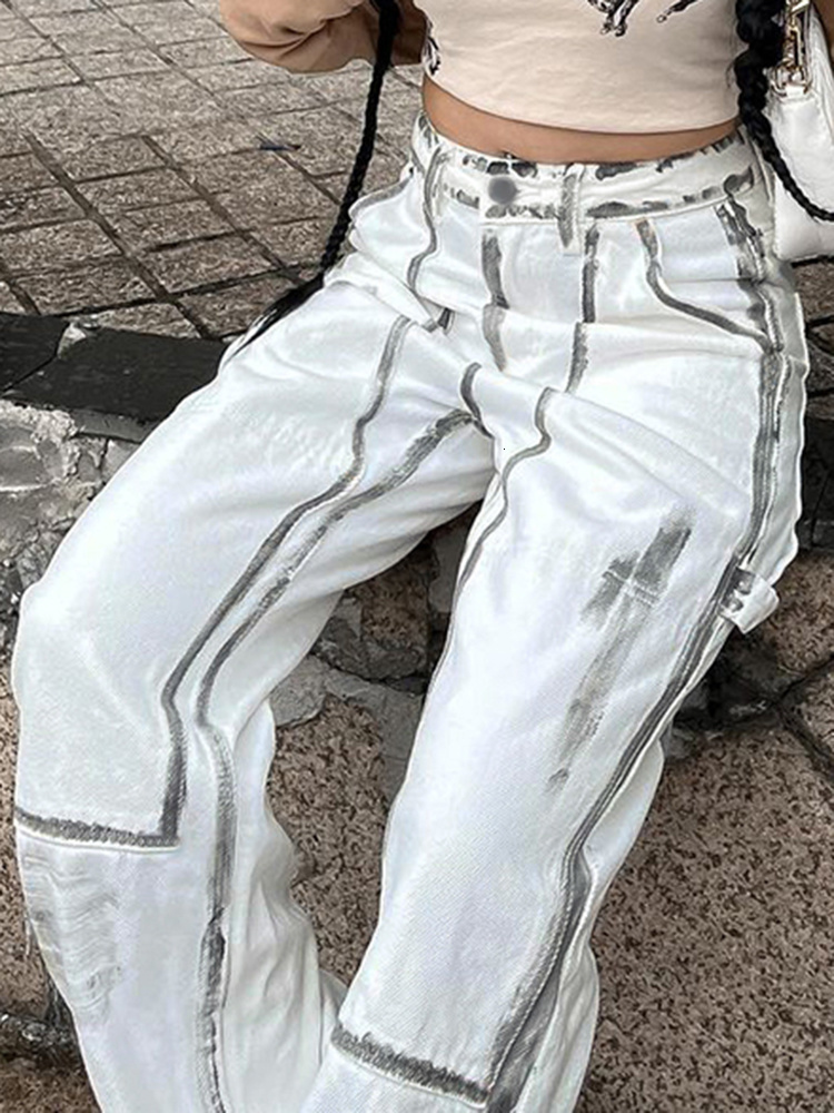 Women's Jeans Cuteandpsycho Streetwear Chic Print Denim for Women Fashion High Waisted Straight Bottoms Aesthetic Casual Y2K 90s s 230821