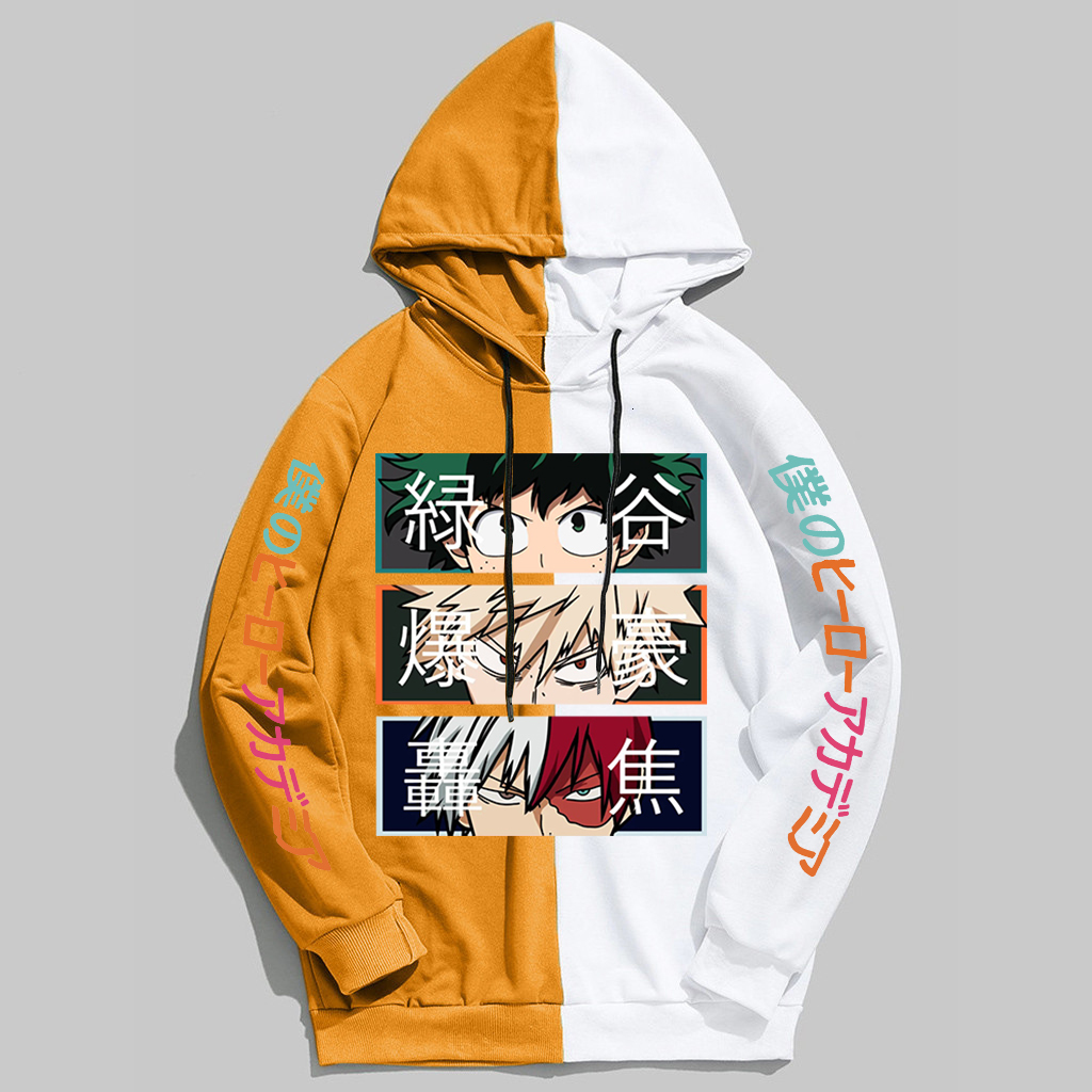Men's Hoodies Sweatshirts Anime My Hero Academia Hoodies Cool So Todoroki Bakugou Deku Pullover Hooded Sweatshirt Patchwork Men's Long Sleev