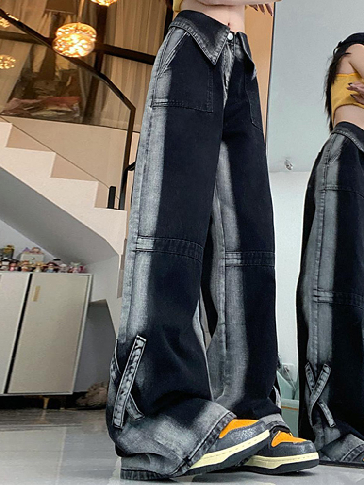 Women's Jeans Y2k Vintage Women 2023 High Waist Street Panelled Straight Female Denim Pants Chic Cuffed Loose Lady Wide Leg Trousers 230821