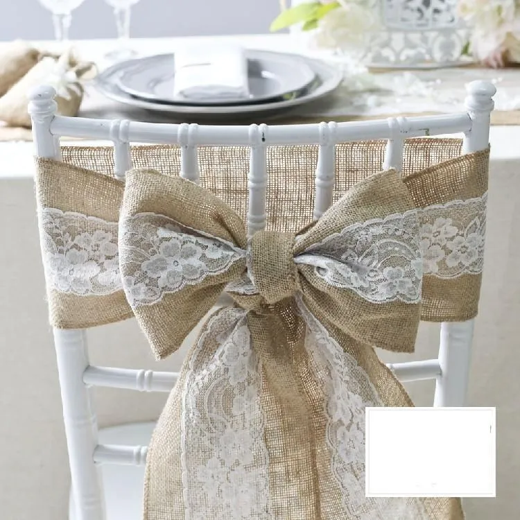 Lace Bowknot Burlap Chair Sashes Natural Hessian Jute Linen Rustic Chair Cover Tie Bowknot for Wedding Decor DIY CraftsZZ