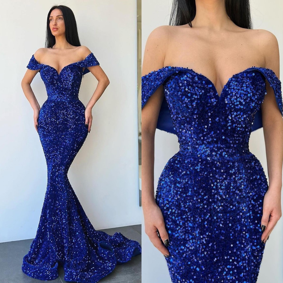 Royal Blue Mermaid Prom Dresses Sequins Off Shoulder Evening Backless Formal Long Special Ocn Party Dress 0228Lz