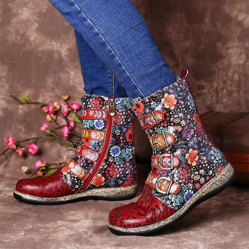 Boot Boot Retro Printed Metal Buckle Leather Zipper Mid Calf Fashion Ladies Shoes Female Botines Mujer 230821