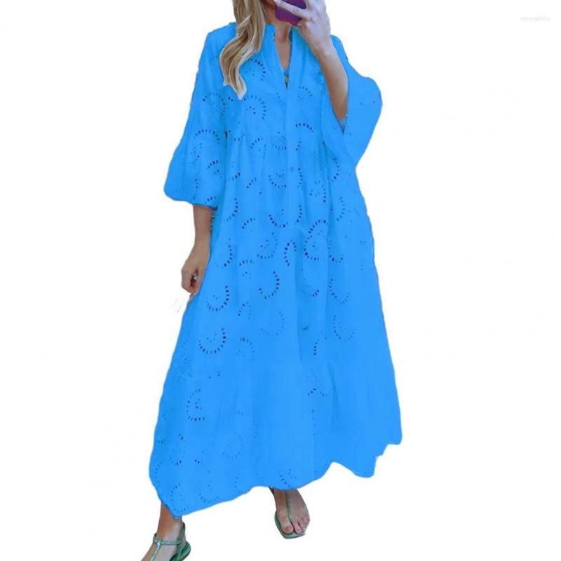 Casual Dresses Women Solid Color Embroidery Lace Maxi Dress Loose V-neck 3/4 Flared Sleeve Sexy Hollow Out Half Placket Ruffle Hem Long