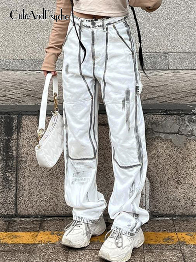 Women's Jeans Cuteandpsycho Streetwear Chic Print Denim for Women Fashion High Waisted Straight Bottoms Aesthetic Casual Y2K 90s s 230821