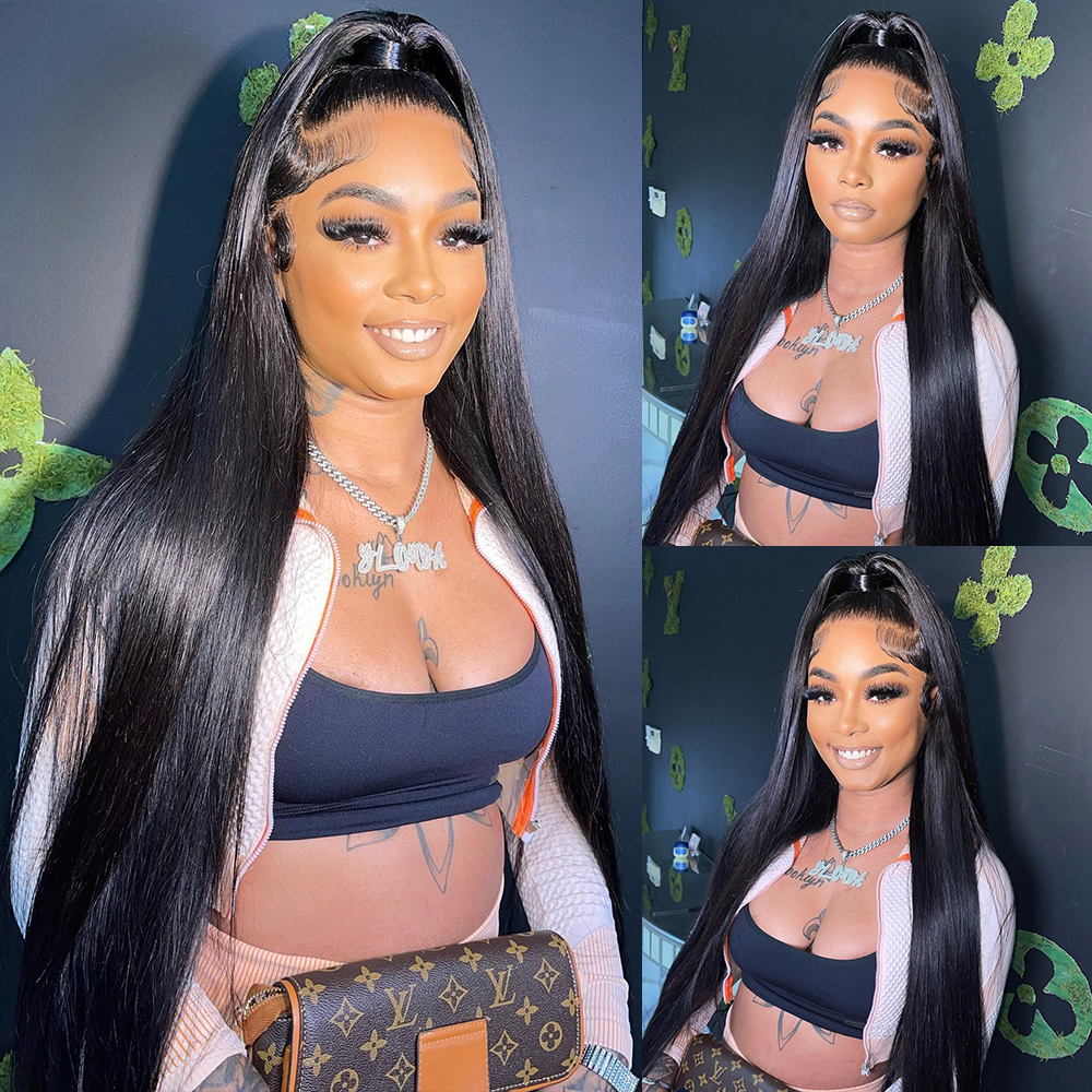 Long Straight Brazilian Lace Front Human Hair Wigs Glueless Transparent 13x4 Lace Frontal Wigs Pre Plucked Black/Grey/Blue Colored Wear and Go Glueles