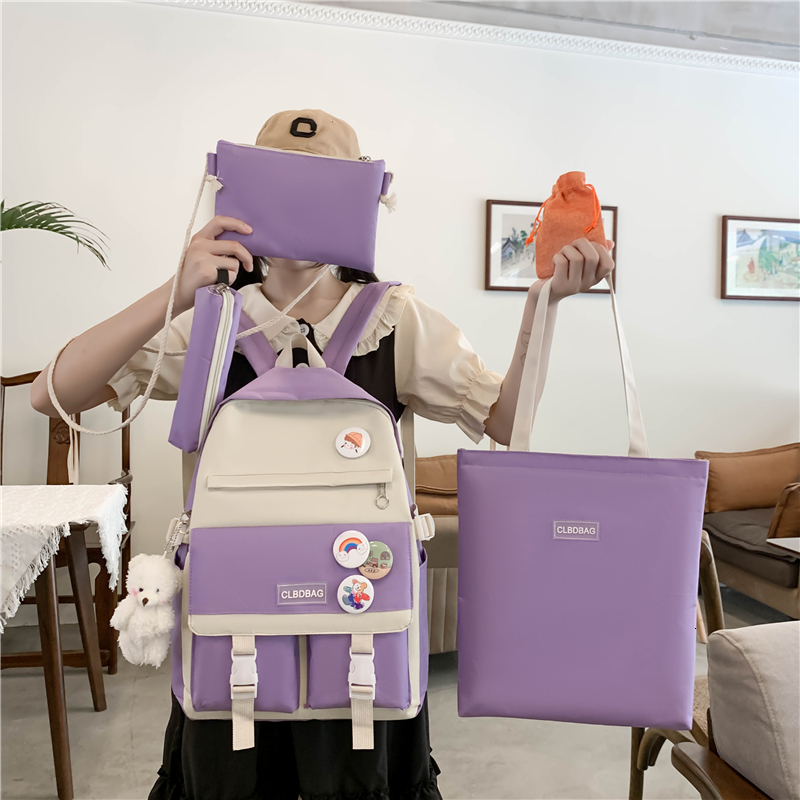School Bags Plush Backpacks 5 Piece Set For Teenage Girl Backpack Canvas Travel Bagpack Notebook Bookbags Teen Student Schoolbag 50 230821