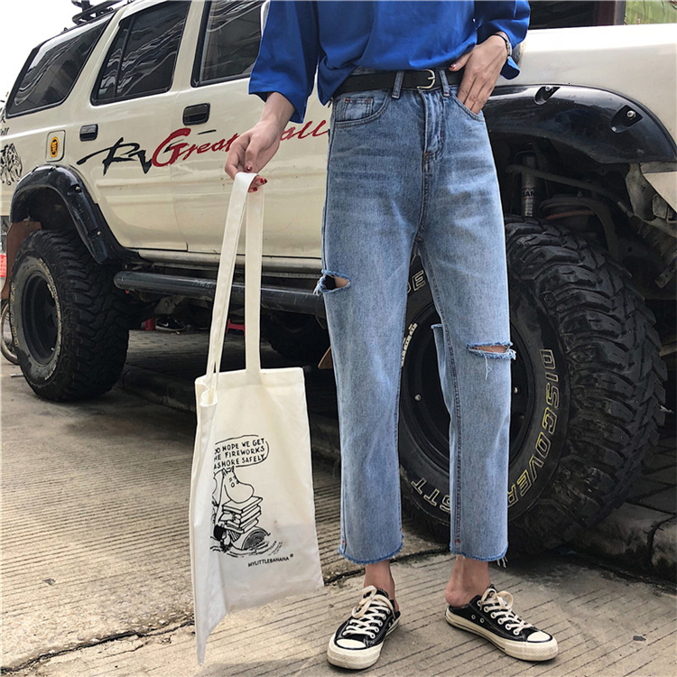 Women's Jeans N4897 Daddy Pants Ripped Denim Ninth High Waist Loose Straight Pant's 230821