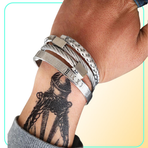 3pcsSet Roman Numeral Mens Bracelets Stainless Steel Rope Buckle Open Punk Bangles Gold Pulseira Bileklik Bracelet Jewelry
