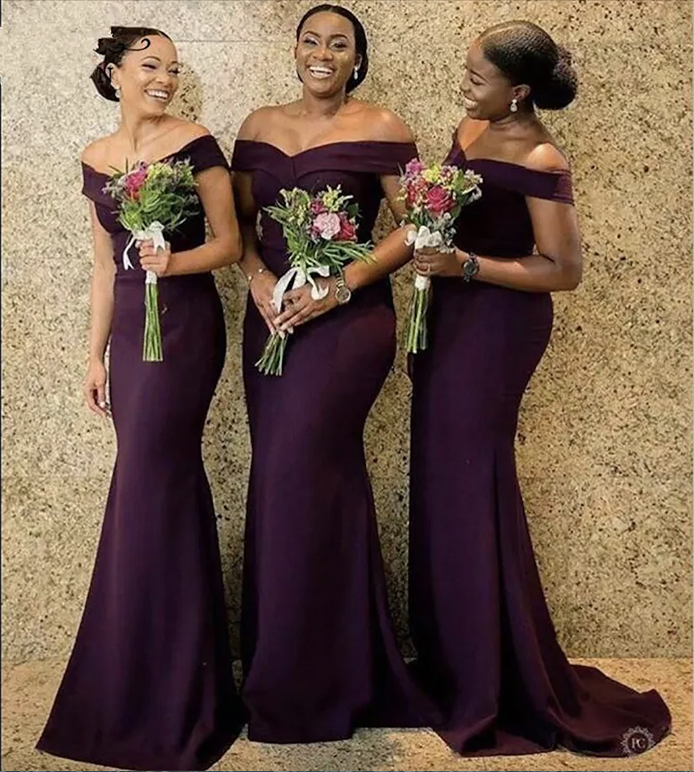 2023 Regency African Off The Shoulder Satin Long Bridesmaid Dresses Ruched Sweep Train Wedding Guest Maid Of Honor Dresses Gowns