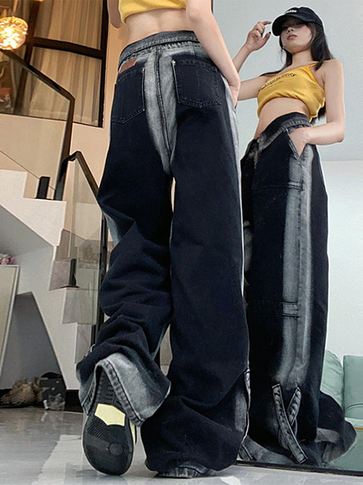 Women's Jeans Y2k Vintage Women 2023 High Waist Street Panelled Straight Female Denim Pants Chic Cuffed Loose Lady Wide Leg Trousers 230821
