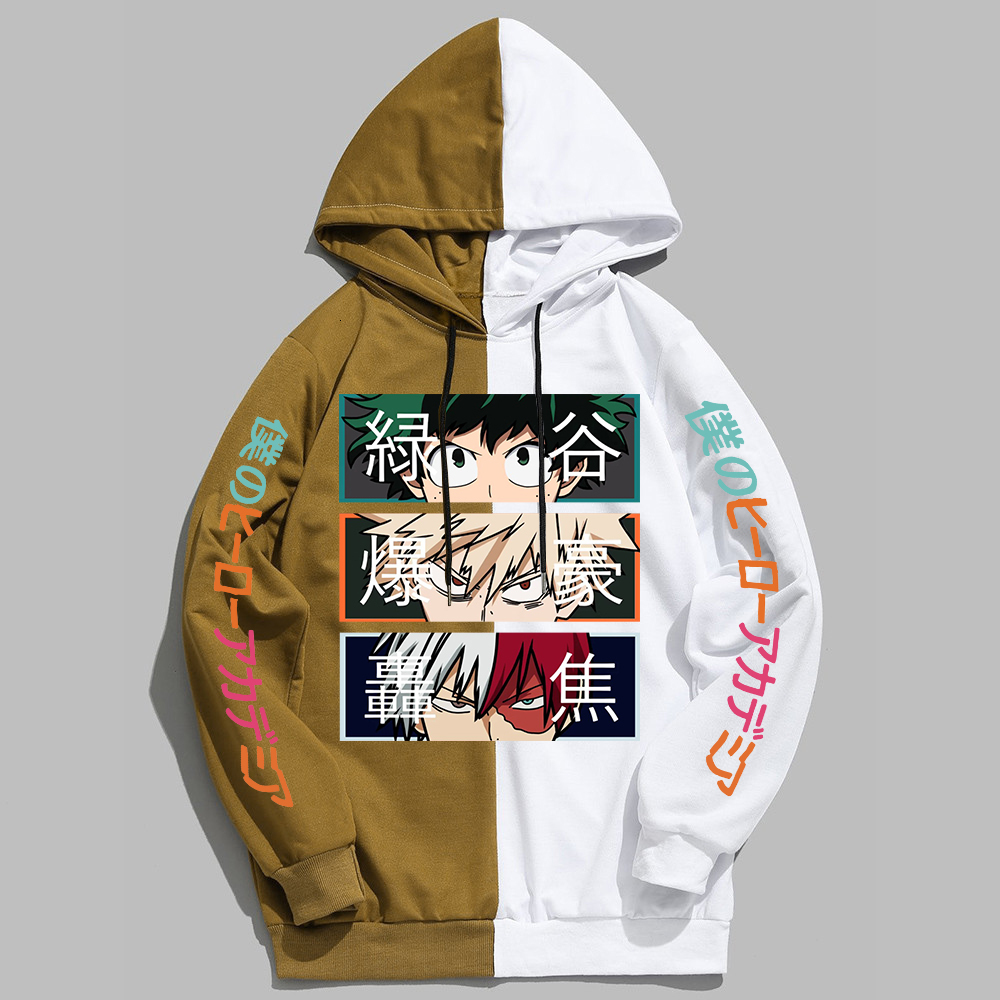 Men's Hoodies Sweatshirts Anime My Hero Academia Hoodies Cool So Todoroki Bakugou Deku Pullover Hooded Sweatshirt Patchwork Men's Long Sleev