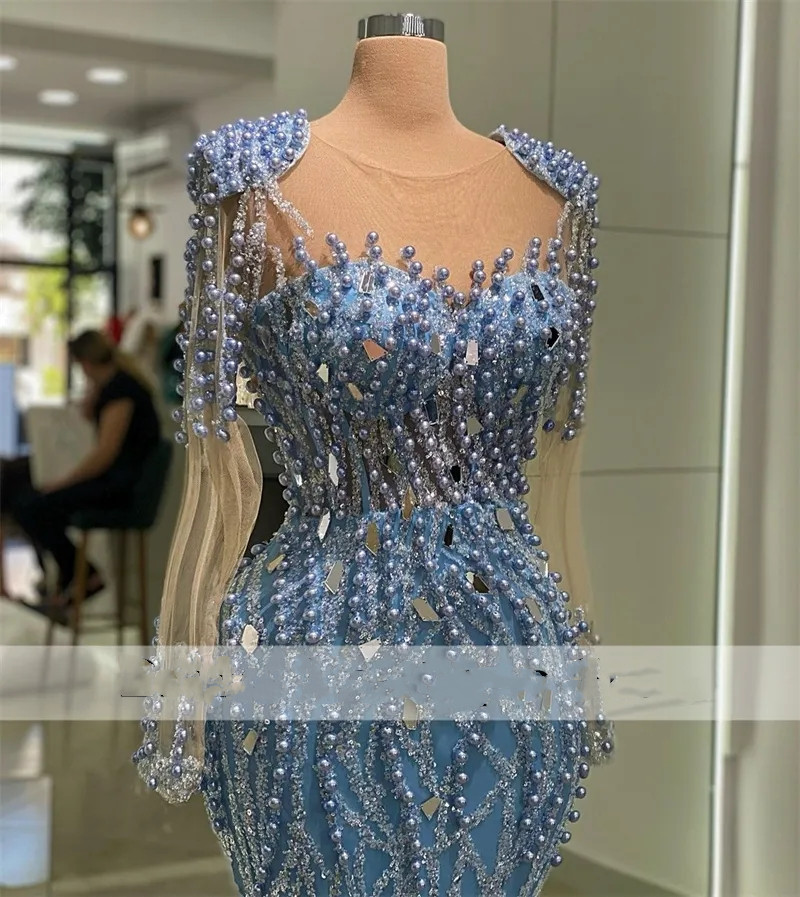 Long 2023 Mermaid Evening Sleeves Beading Crystals Pearls Special Ocn Dress Prom Party Gowns Robes De Soiree