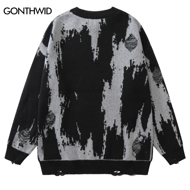 Men's Hoodies Sweatshirts Hip Hop Ripped Sweaters Grunge Y2K Vintage Knitted Punk Gothic Streetwear Jumpers Men Women Harajuku Fashion Pullover 2