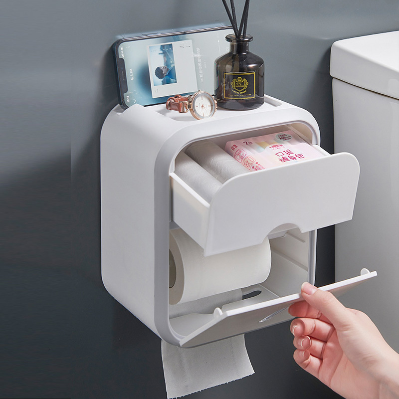 Toilet Paper Holders Punch-free Toilet Paper Holder Box Waterproof Tissue Storage Box Bathroom Rack Wall Mounted Kitchen Bathroom Storage Holder 23082