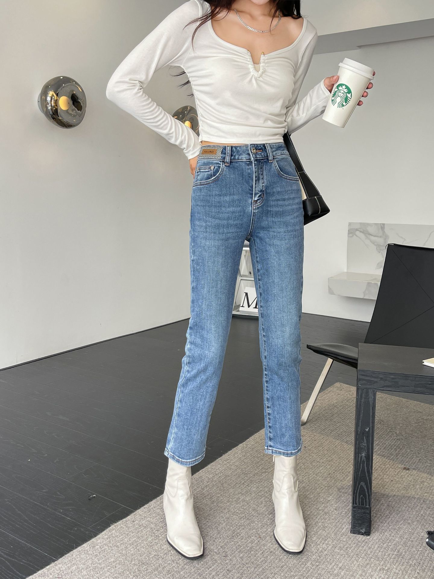 Women's Jeans Straight leg denim women's 2023 autumn Korean version medium high waisted elastic slim cropped straight pants 230821