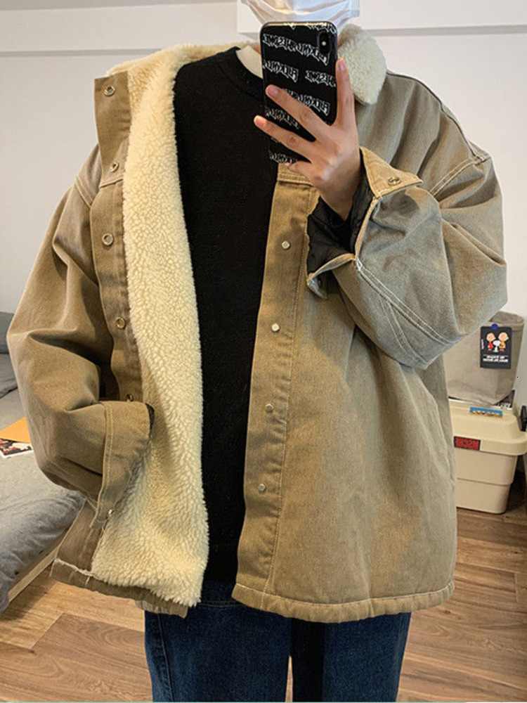 Men's Jackets Winter Coat Fleece Men's Thicken Casual Loose Handsome Lamb Velvet Jacket Harajuku Trend Cotton Padded Parkas Y2k Streetwear T