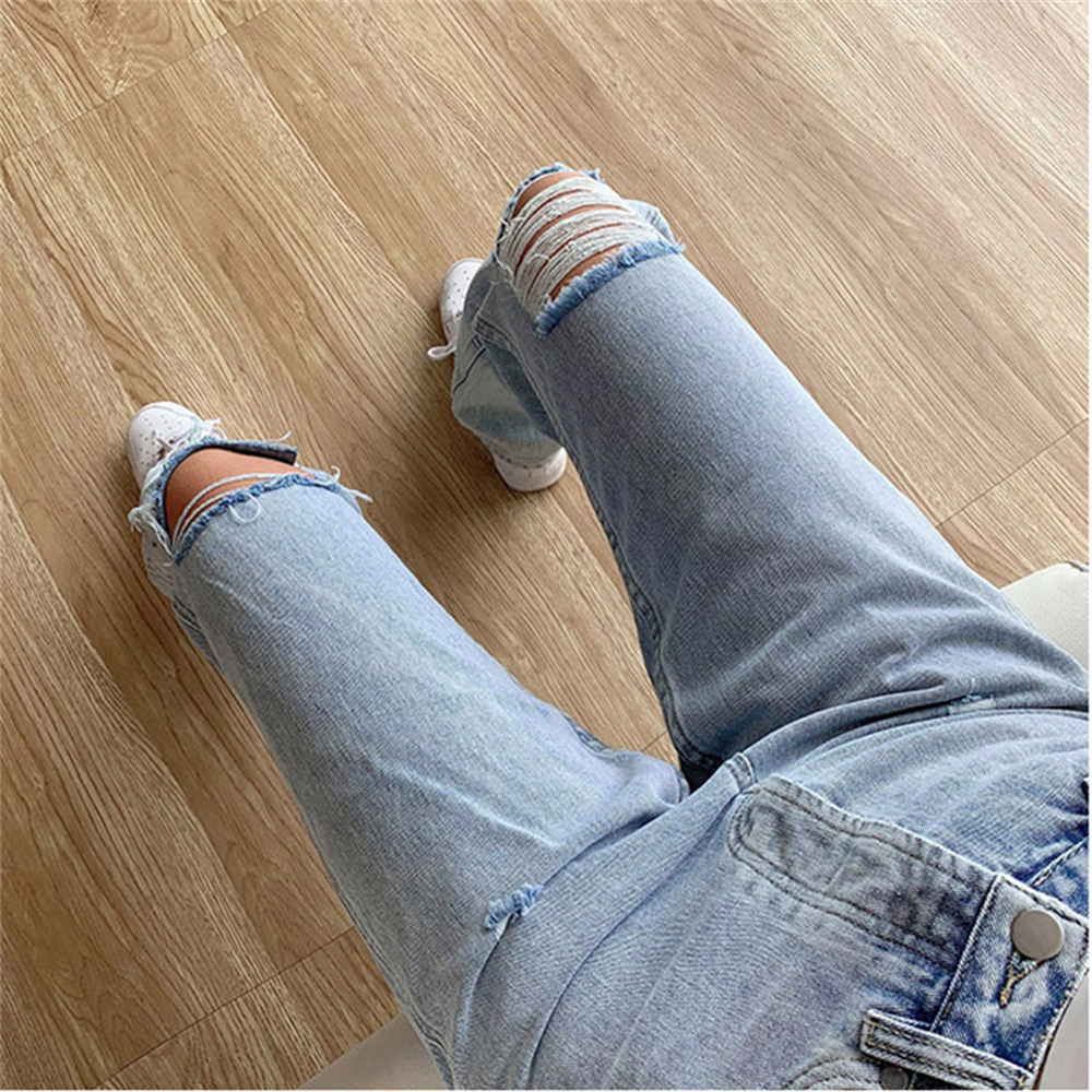 Women's Jean Fashion Denim Casual Straight Leg Hole Jeans Bottom Harajuku Boyfriend Long High Waist Baggy Wide Pants Vaqueros 230821