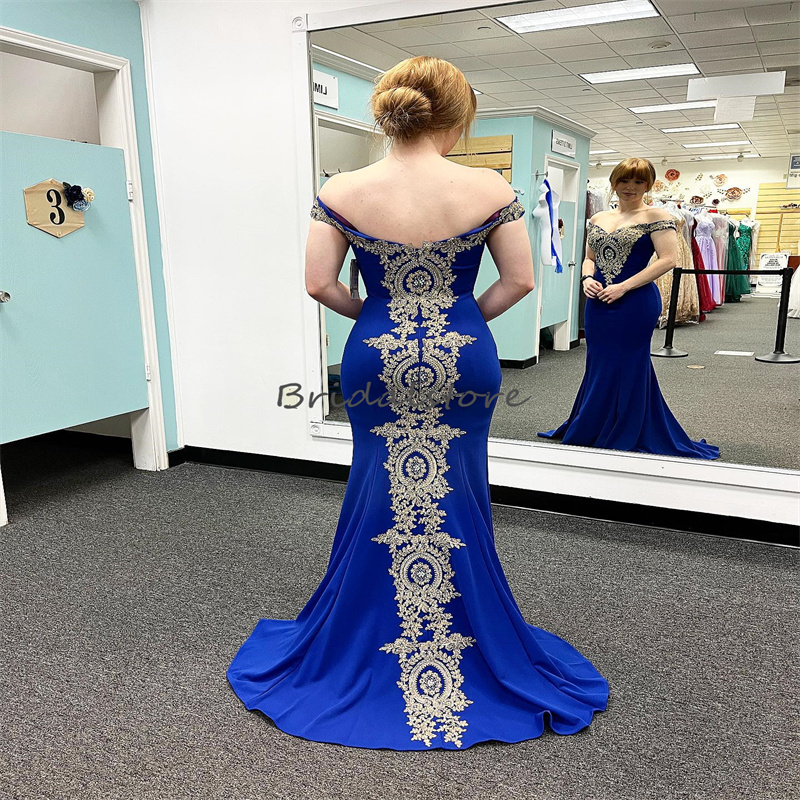 Modest Mermaid Gold Lace Evening Dress Off Shoulders Royal Blue Prom Dress Plus Size Ceremony Formal Occasion Party Gowns Dinner Dubai Abaya Evening G