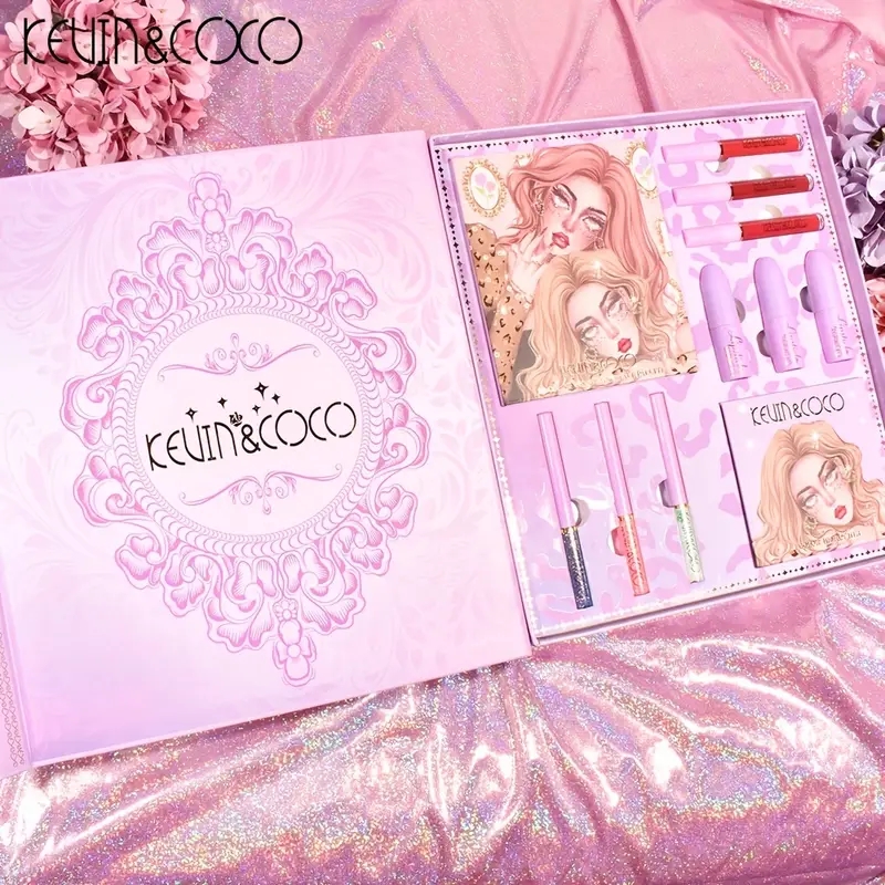 KEVIN&COCO 24 Color Eyeshadow Tray Shining Light Eyeshadow Velvet Moisturizing Lip Glaze Lipstick Concealer Eyeliner Anime Makeup Box