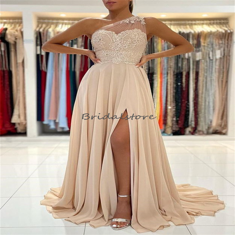 Chic One Shoulder Champagne Evening Dress 2023 High Slit Chiffon Boho Prom Dress Top Lace Formal Wear Vestidos De Fiesta mujeres Holiday Birthday Robe