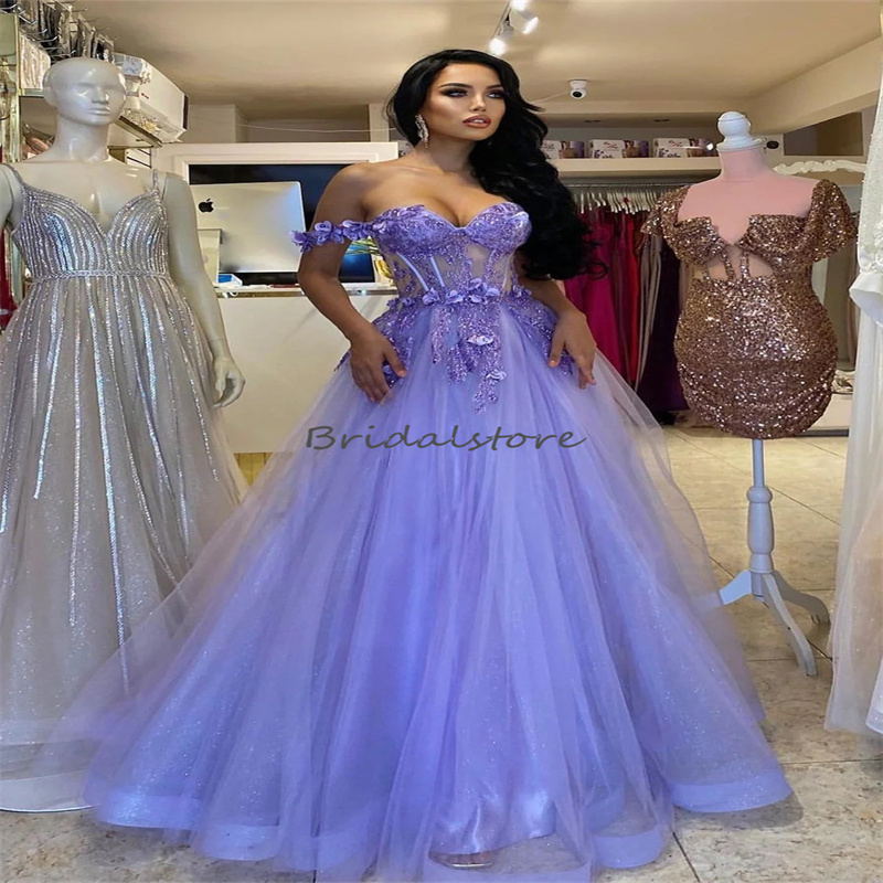 Beautiful Lilac Floral Evening Dress 2023 Elegant Off Shoulders Lace Prom Dress A Line Tulle Formal Birthday Party Gowns Occasion Vestidos De Fiesta R