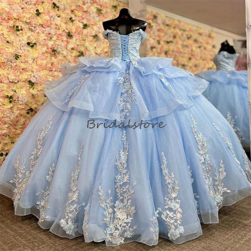 Luxury Blue Quinceanera Dresses 2023 With Lace Florals Beaded Para Xv Princess quinceaneras Birthday Party Dress Robes De Vestidos 15 anos Prom Wear B