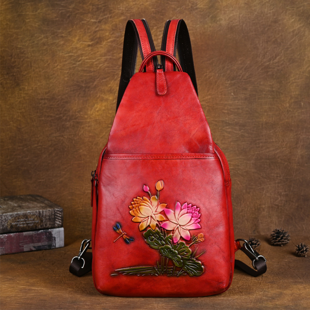 School Bags Plush Backpack Backpack Cross Body Shoulder Bag Genuine Leather Embossing Retro Female Lady First Layer Cowhide Sling Chest 230821
