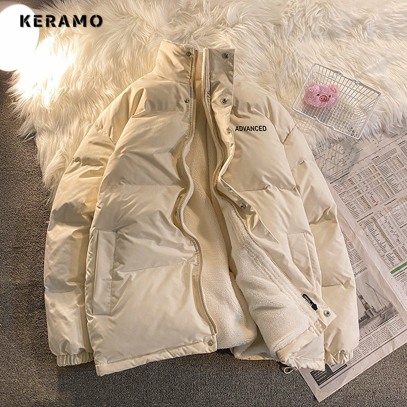 Women's Down Parkas Fleece Thicken Letter Graphic Men and Women Winter Coat Unisex Oversize Parkas Korean Coat Warm Baggy Casual Jackets Feamle Y