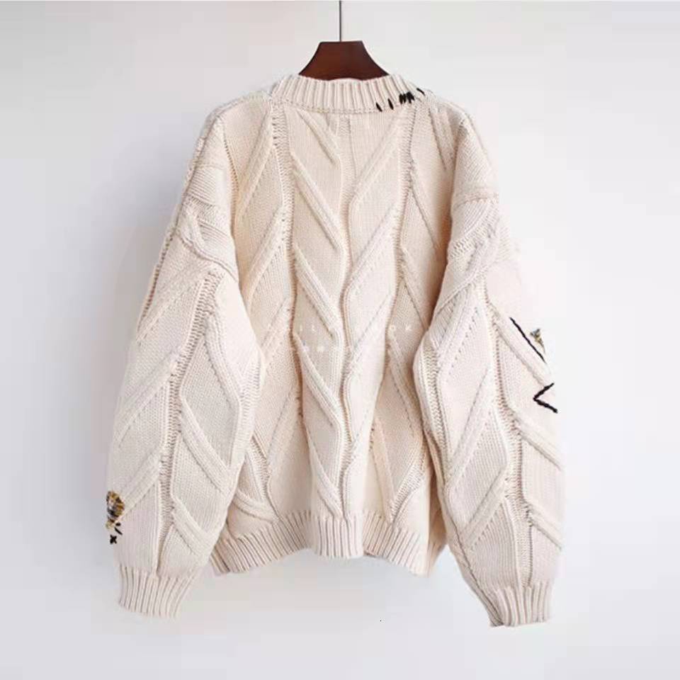 Women's Knits Tees Spring Women's Sweater Warm Knitted Sweater Jacket Loose Pocket Embroidery Fashion Knit Cardigan Jacket Ladies Jacket 230