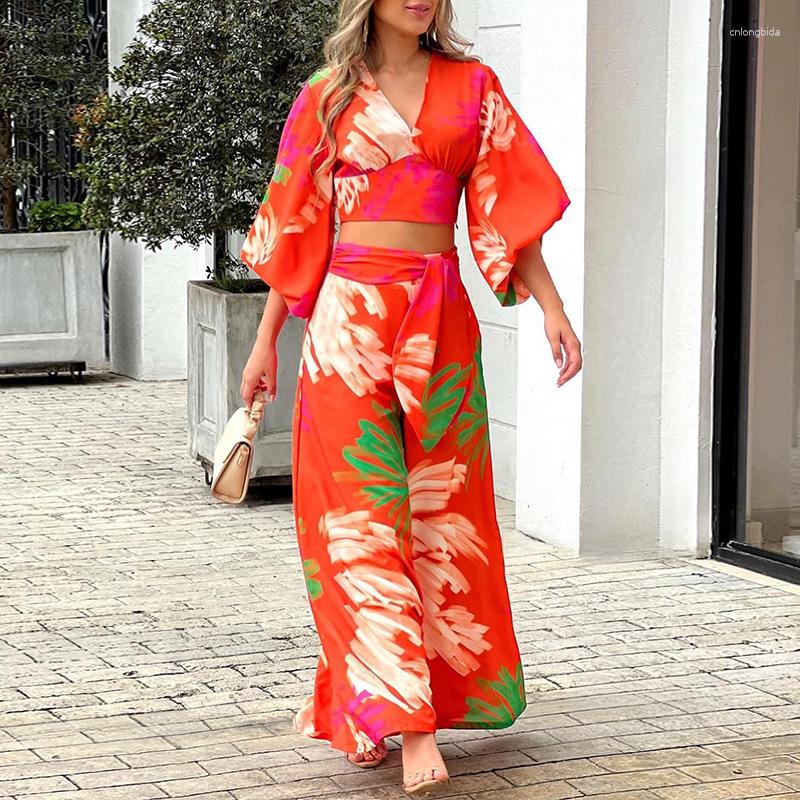 Women's Two Piece Pants Sets Women 2023 Autumn V Neck Print Shirt Wide Leg High Waist Elegant Casual Suit Set Office Lady 2 Pieces