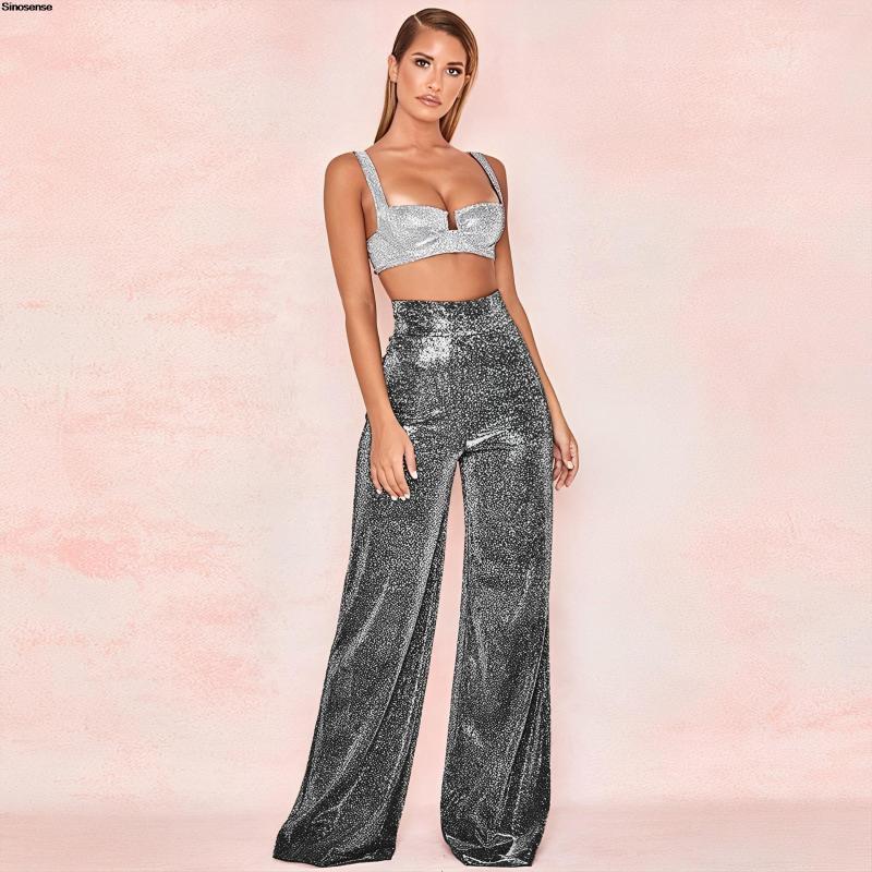 Women's Pants Shiny Sequin Sparkle Wide Leg Women Elastic High Waist Palazzo Lounge Casual Loose Bell Bottoms Trousers