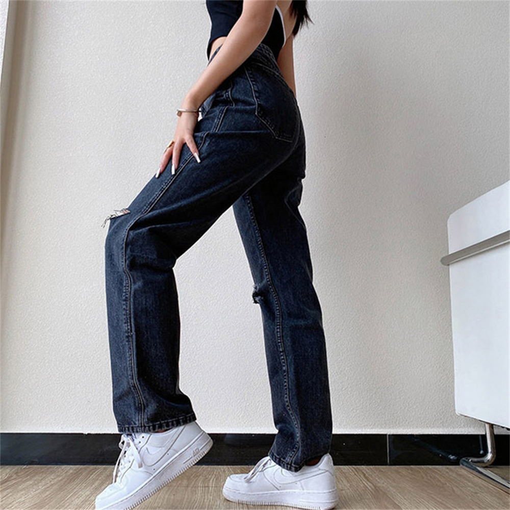 Women's Jean Fashion Denim Casual Straight Leg Hole Jeans Bottom Harajuku Boyfriend Long High Waist Baggy Wide Pants Vaqueros 230821