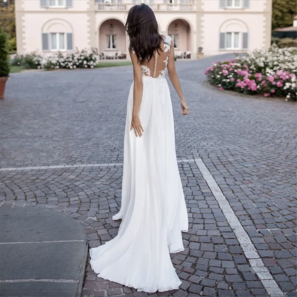 Summer Beach Boho Wedding Gowns Jewel Neck Lace Appliques Cap Sleeve Bridal Dress Sexy Side Slit Sweep Train Chiffon A Line robes de mariee Illusion B