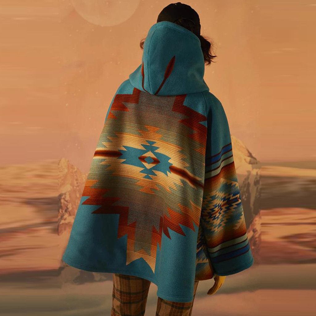 Womens Wool Blends fashion Casual Retro Printed Long Sleeve Hooded Jacket Coat Claw Button loose woolen Autumn winter warm jack 230818